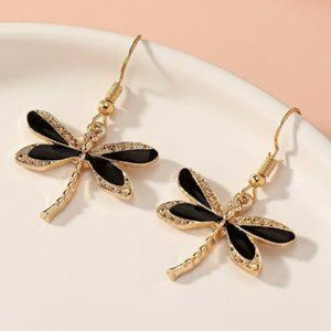 18k Gold Plated Black Dragonfly Drop Earrings